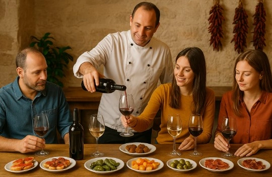 Familia en una cata de vinos con tapas. Un sumiller sirve vino a una mujer.