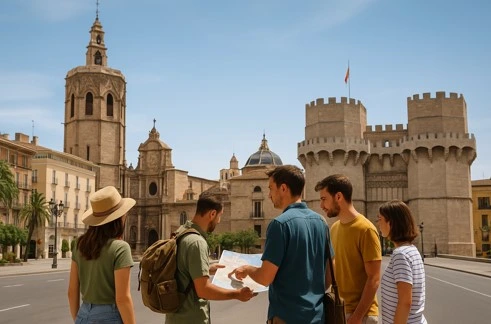 Guía explicando a turistas la historia de los monumentos más importantes de Valencia