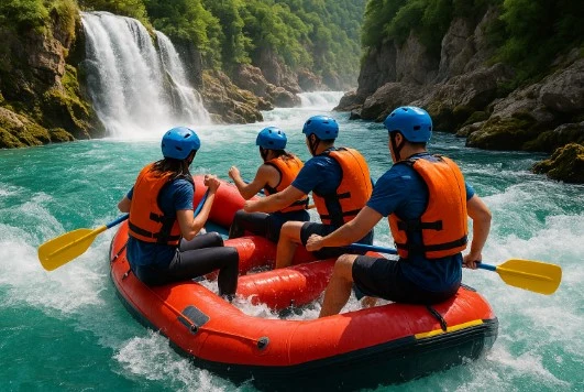 Grupo de jóvenes haciendo rafting entre montañas