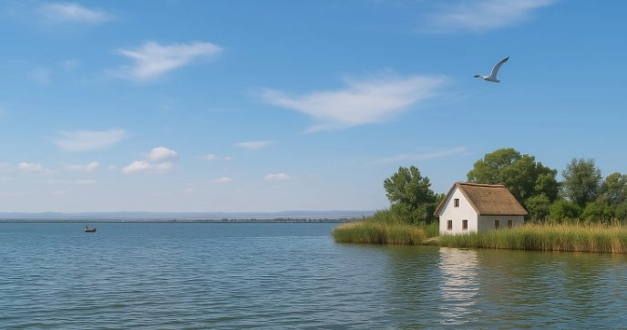 Albufera de Valencia. Una barraca típica valenciana entre matorrales y aves volando.