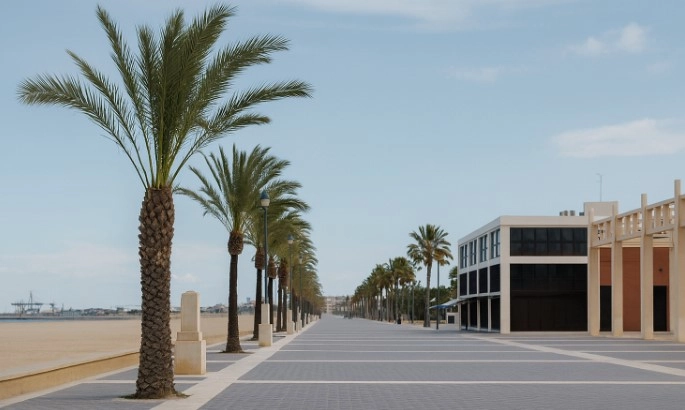 Paseo de la playa de la Malvarrosa de Valencia con palmeras y el puerto al fondo