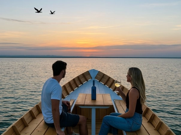 Dos enamorados en la albufera de Valencia tomando un cava en barco al atardecer.
