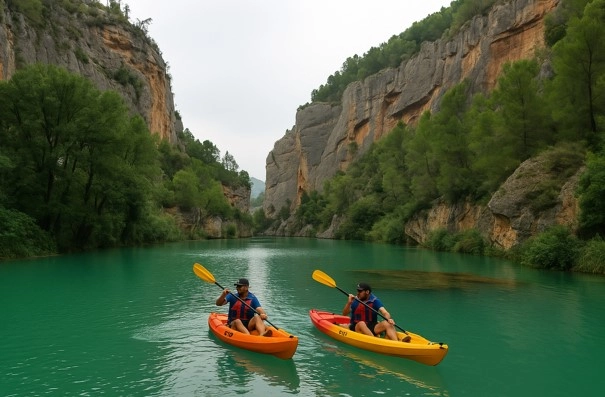 Río de Montanejos con dos excursionistas en kayak
