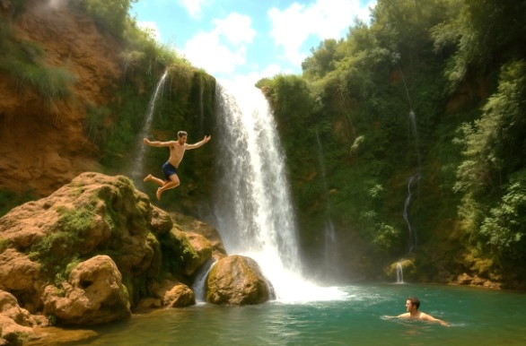 Bañistas tirándose al agua desde una cascada de un río en Bocairent