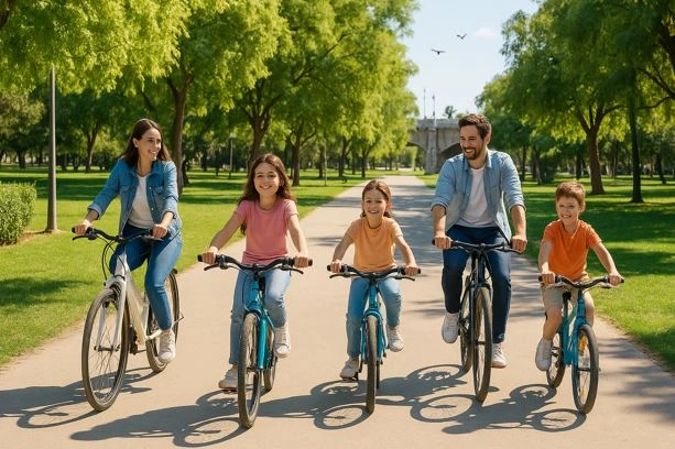Familia en bicicleta por el jardín del cauce del Turia de Valencia