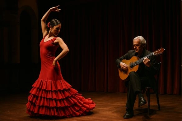 Española bailando flamenco con un guitarrista en un escenario