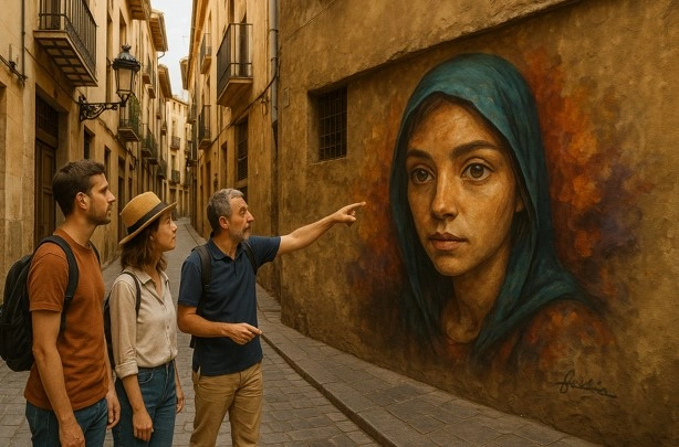 Turistas con un guía en el Barrio del Carmen de Valencia contemplando un grafiti.