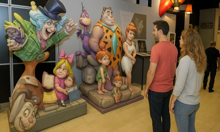 Pareja de jóvenes mirando ninots en el museo fallero de Valencia