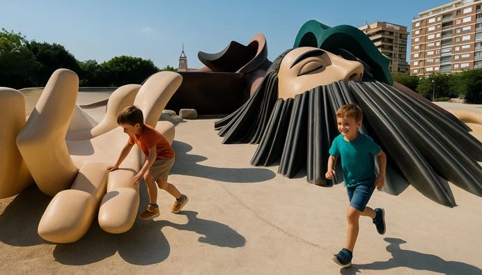 Niños jugando en los toboganes del parque Gulliver ve Valencia
