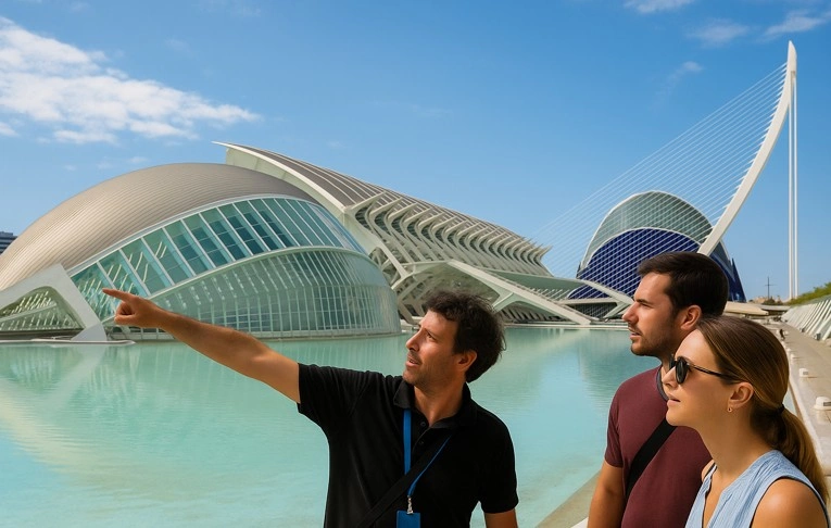 Turistas visitando la Ciudad de las Artes y las Ciencias de Valencia con un guía.