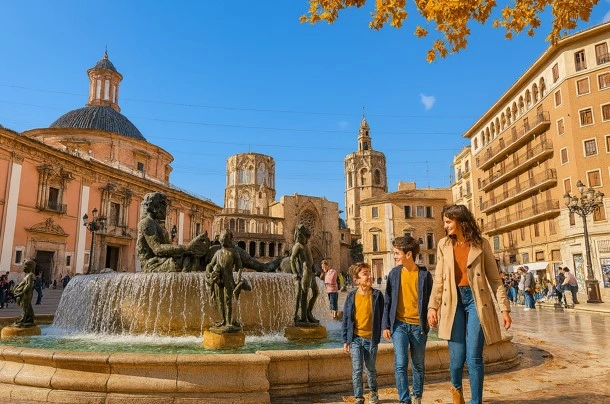 Familia junto a la Catedral de Valencia en otoño