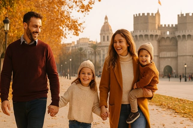 Familia paseando feliz por Valencia en otoño