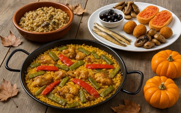 Alimentos típicos de Valencia: paella, setas, aceitunas, calabazas, boquerones