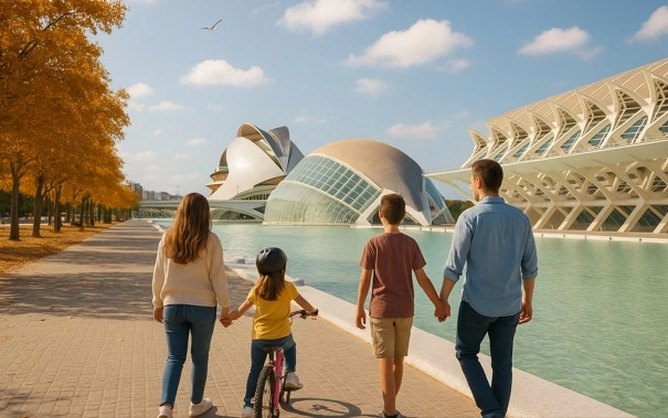 Familia en la Ciudad de las Artes y las Ciencias de Valencia en otoño