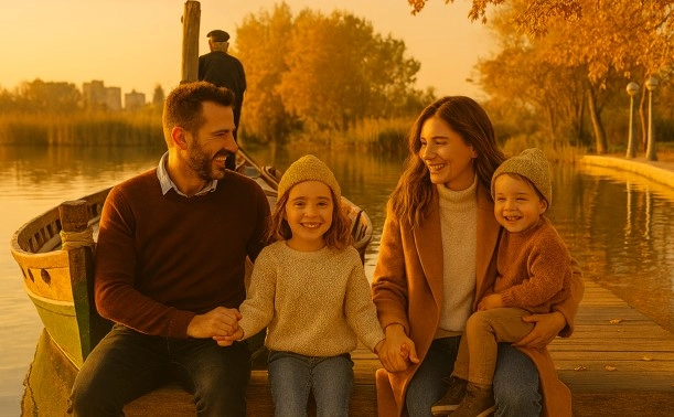 Una familia en la Albufera de Valencia en otoño