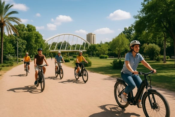 Familia paseando en bicicleta eléctrica por el Jardín del Turia de Valencia