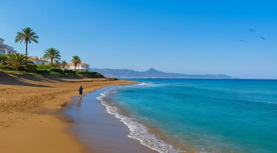 Playa de les Deveses de Dénia con un turista paseando por la orilla