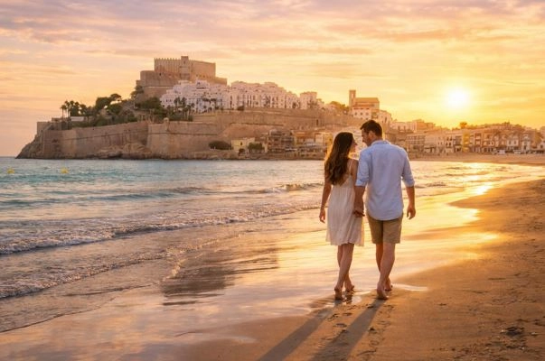 Dos enamorados paseando por la playa de Peñíscola