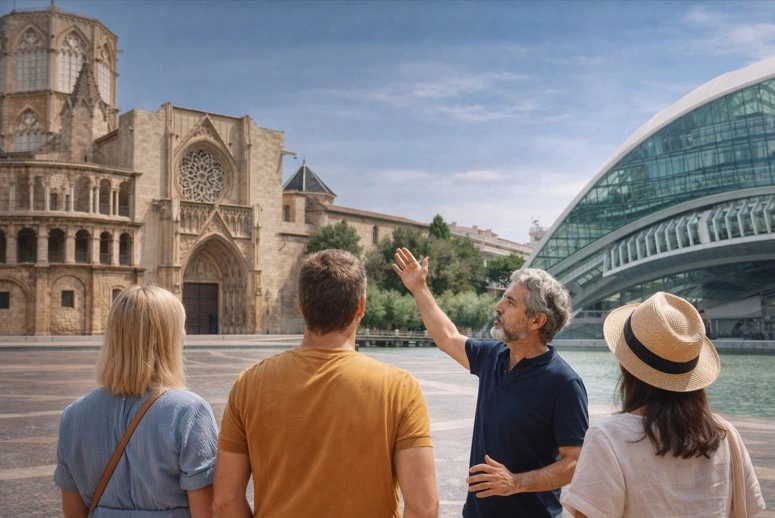 Guía local con turistas durante un tour privado de arquitectura en Valencia junto a edificios históricos y arquitectura contemporánea