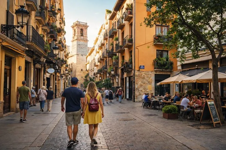 Ciutat vella de Valencia con turistas caminando por la calle.