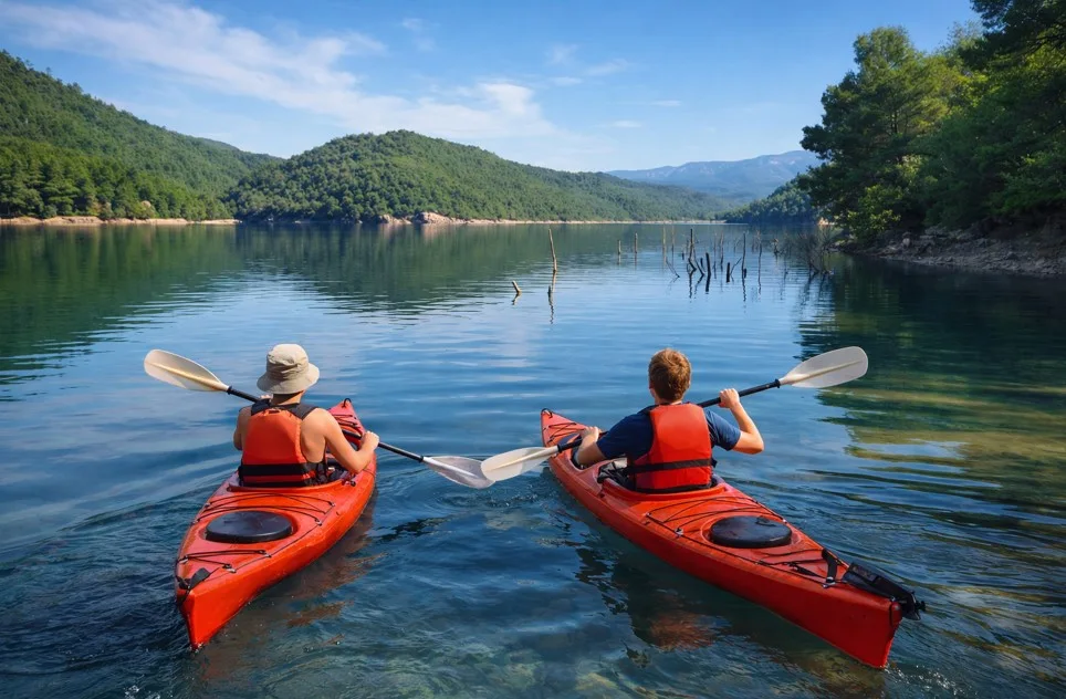 Turistas en kayak por el lago de Chulilla