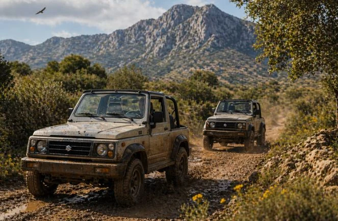 Dos vehículos 4x4 circulando por un camino de montaña lleno de barro en la zona de Moraira (Alicante), rodeados de naturaleza y con montañas al fondo, en una ruta off-road por la Costa Blanca.