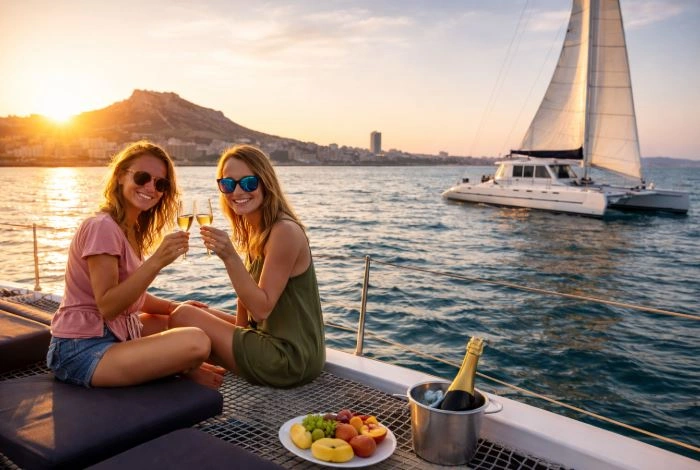 Turistas en catamarán bebiendo cava al atardecer.