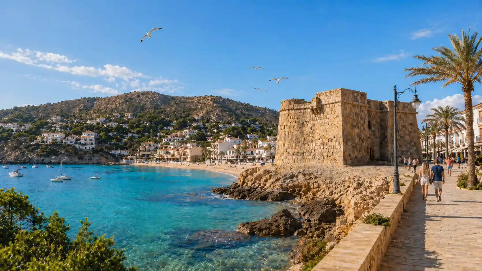 Vista del Castillo de Moraira junto al mar, con aguas cristalinas y paseo marítimo en la Costa Blanca