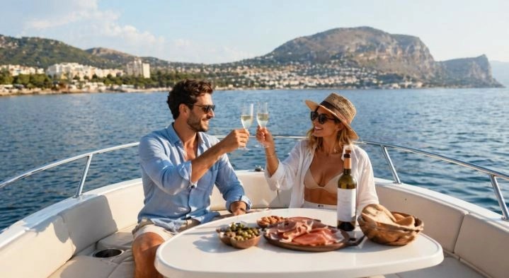 Pareja brindando con vino en un barco privado durante un paseo gourmet por la costa de Dénia y Jávea, con vistas al mar Mediterráneo y aperitivo a bordo.