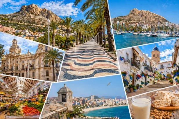 Collage de los principales lugares turísticos de Alicante con vistas del Castillo de Santa Bárbara, la Explanada de España, el casco antiguo, el puerto y el Mercado Central, mostrando lo mejor de la ciudad en un solo recorrido.