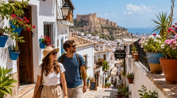 Pareja de turistas paseando alegremente por el barrio de Santa Cruz de Alicante con el castillo de Santa Bárbara al fondo.