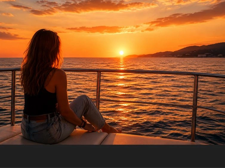 Una joven en un barco contempla una puesta de sol en la costa de Gandía.
