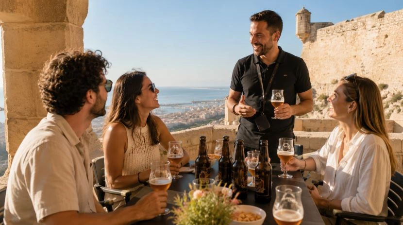 Turistas en una cata de cerveza en el castillo de Santa Bárbara de Alicante.