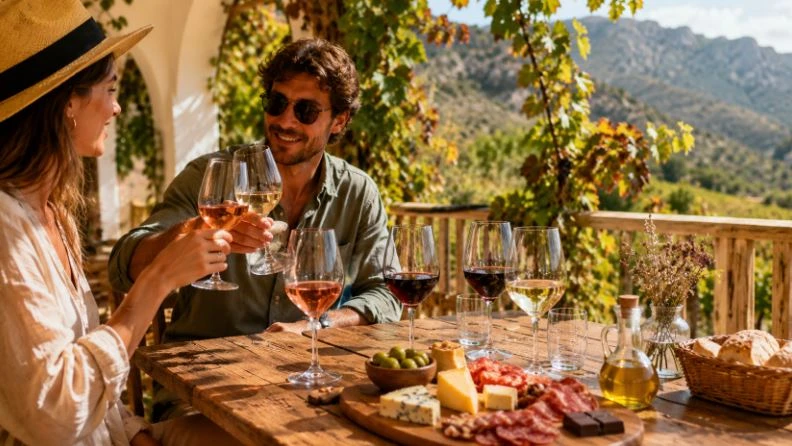 Una pareja disfrutando de comida y bebida con vistas a la naturaleza.
