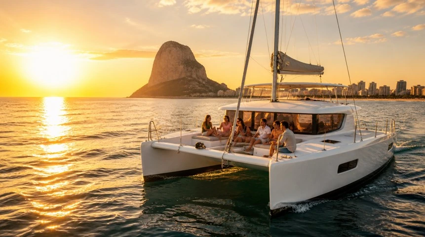 Turistas navegando en catamarán por la costa de Calpe (Alicante)