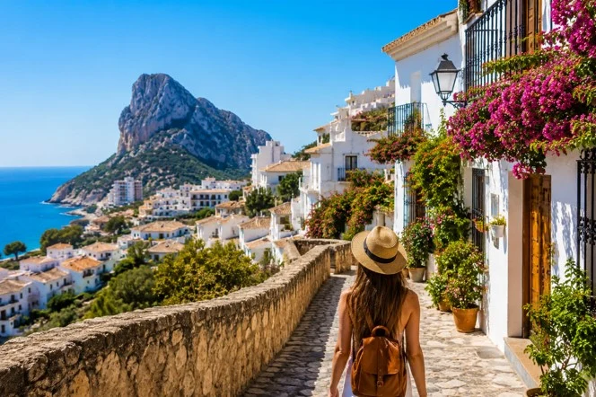 Turista paseando por el casco antiguo de Calpe con casas blancas, flores y vistas al Peñón de Ifach y al mar Mediterráneo.