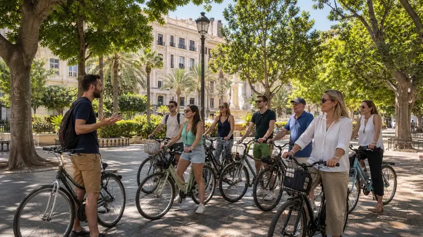 Grupo de turistas en bicicleta durante una visita guiada por una plaza arbolada del centro de Alicante