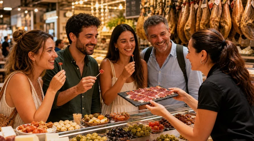 turistas comiendo en el mercado central de Alicante