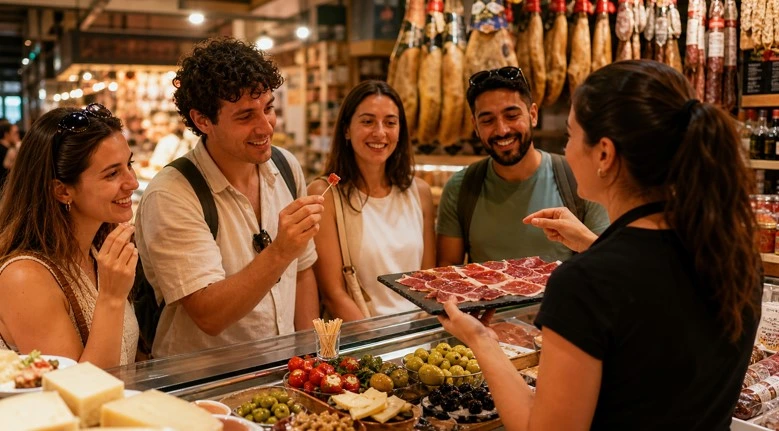 Turistas en el Mercado Central de Alicante degustando jamón serrano