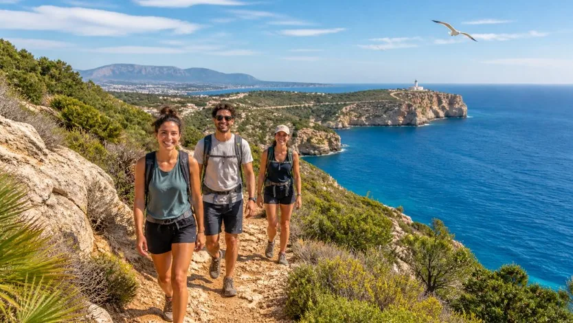 Tres turistas haciendo senderismo por las montañas de Denia y Javea
