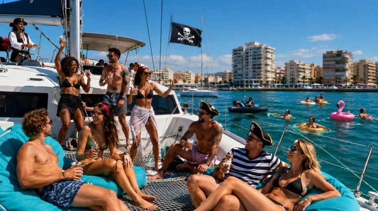 Grupo de turistas disfrutando de una fiesta pirata en catamarán frente a la costa de Torrevieja, con música, bebidas, hinchables y bañistas en el mar.