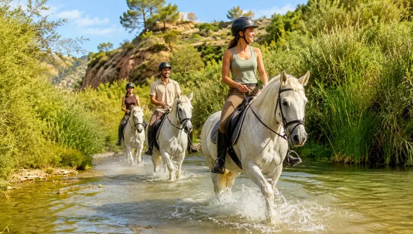 Turistas realizando una ruta a caballo por un arroyo en un entorno natural cerca de Benidorm, rodeados de vegetación y paisaje montañoso.