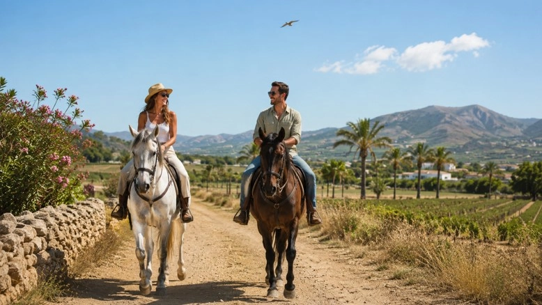 Dos turistas paseando a caballo por Torrevieja.