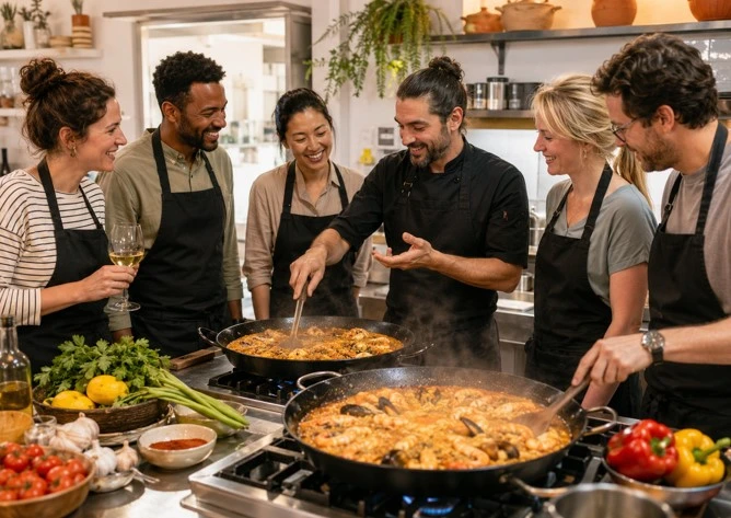 Turistas aprendiendo a cocinar paella en Alicante