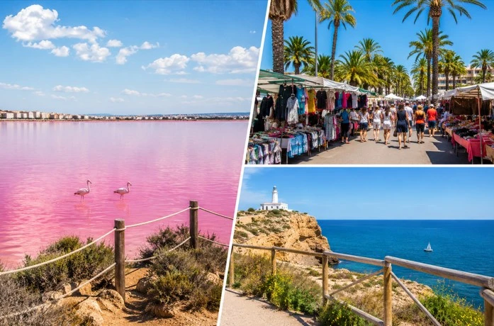 Laguna Rosa de Torrevieja con flamencos, mercadillo local con palmeras y mirador del Faro de Santa Pola sobre el mar Mediterráneo.