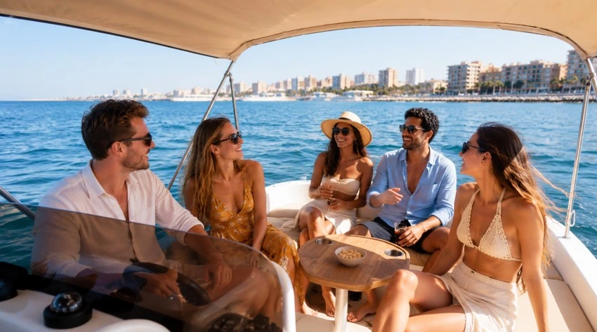 Grupo de turistas disfrutando de una excursión privada en barco por la bahía de Torrevieja, con el mar Mediterráneo y la costa al fondo.