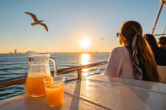 Jarra y vaso de bebida sobre la mesa de un catamarán al atardecer, con una turista contemplando el mar Mediterráneo y dos gaviotas sobre el horizonte.