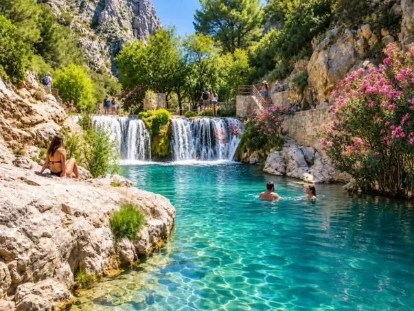 Turistas bañándose en las piscinas naturales de las Fuentes del Algar, rodeadas de cascadas y vegetación en Alicante