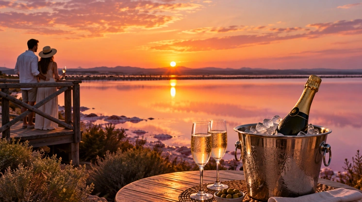 Atardecer en la Laguna Rosa de Torrevieja con una pareja disfrutando de una copa de cava.
