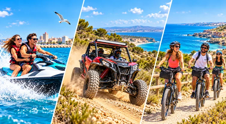 Collage de actividades en Torrevieja con una moto acuática en el mar, un buggy recorriendo caminos de tierra y turistas en bicicleta eléctrica junto a la costa mediterránea.
